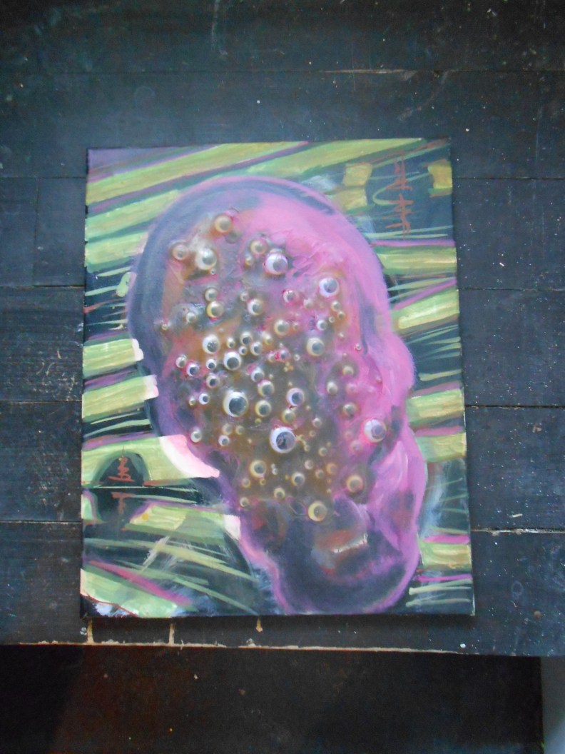 Two Heavens 16 x 20, oil and googly eyes